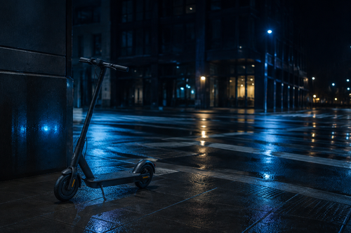 夜の街路に置かれた電動キックボード